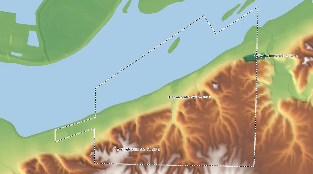 Topographic elevation map of Dallas City, Illinois, shaded from 490 ft on the northeast side to 690 ft on the southwest side