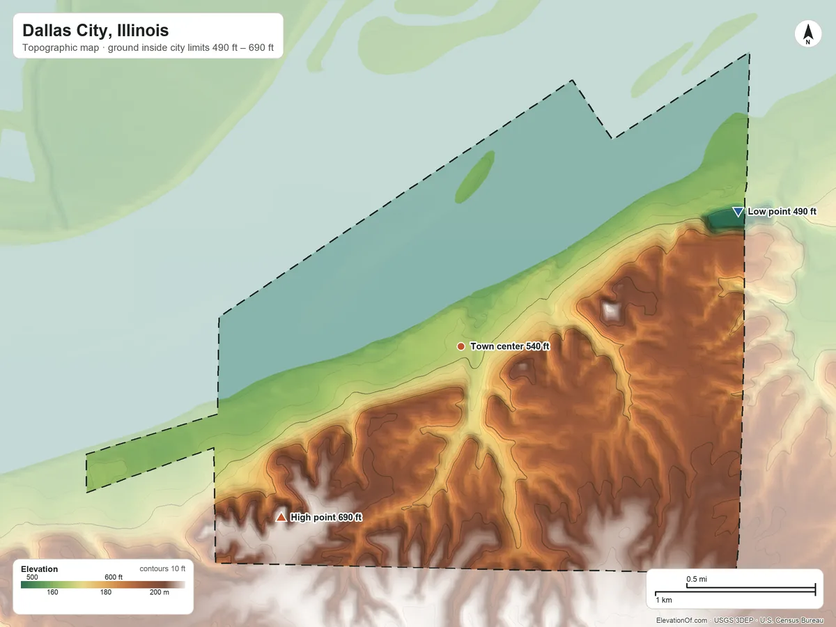 Topographic elevation map of Dallas City, Illinois, shaded from 490 ft on the northeast side to 690 ft on the southwest side