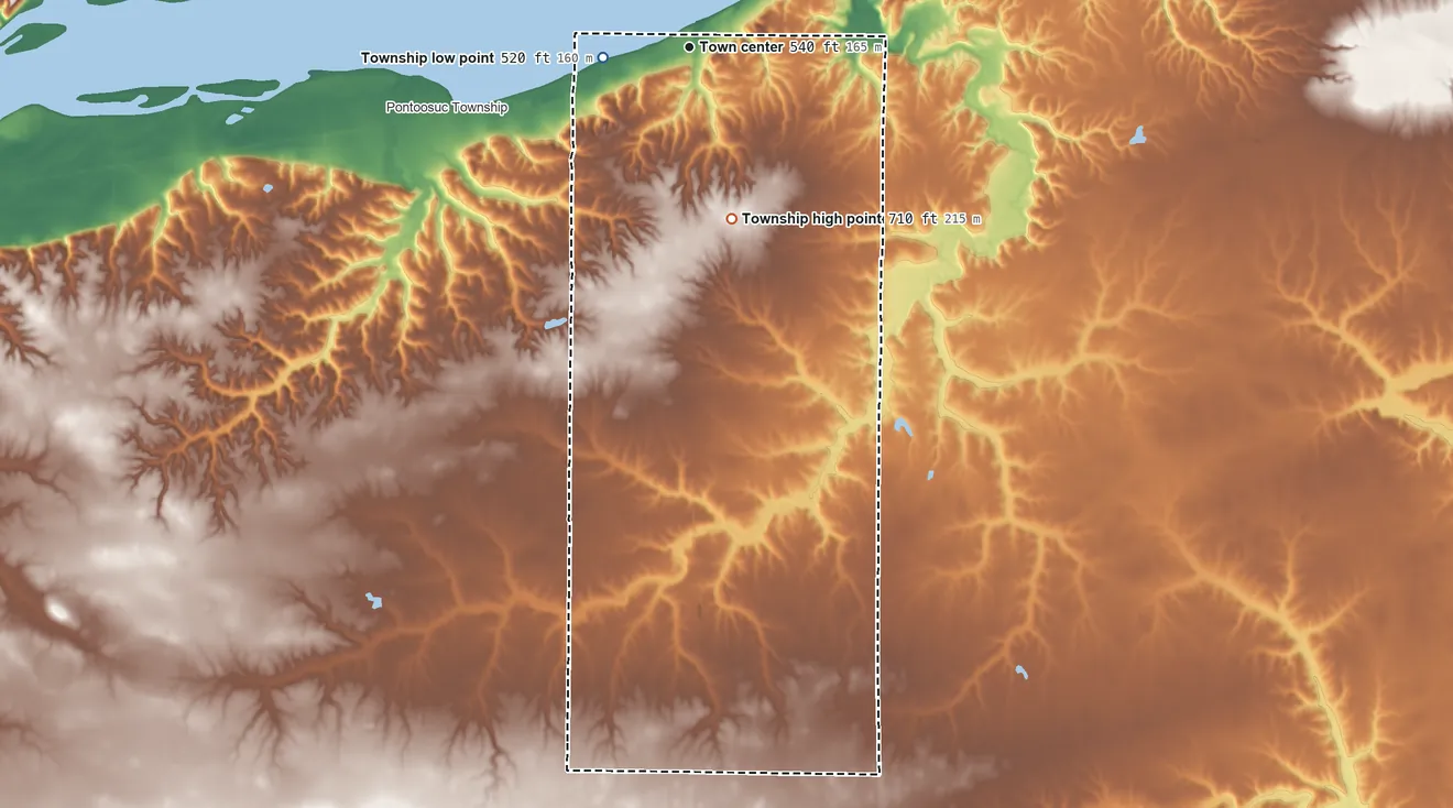 Topographic elevation map of Dallas City Township, Illinois, shaded from 520 ft on the west side to 710 ft on the south side