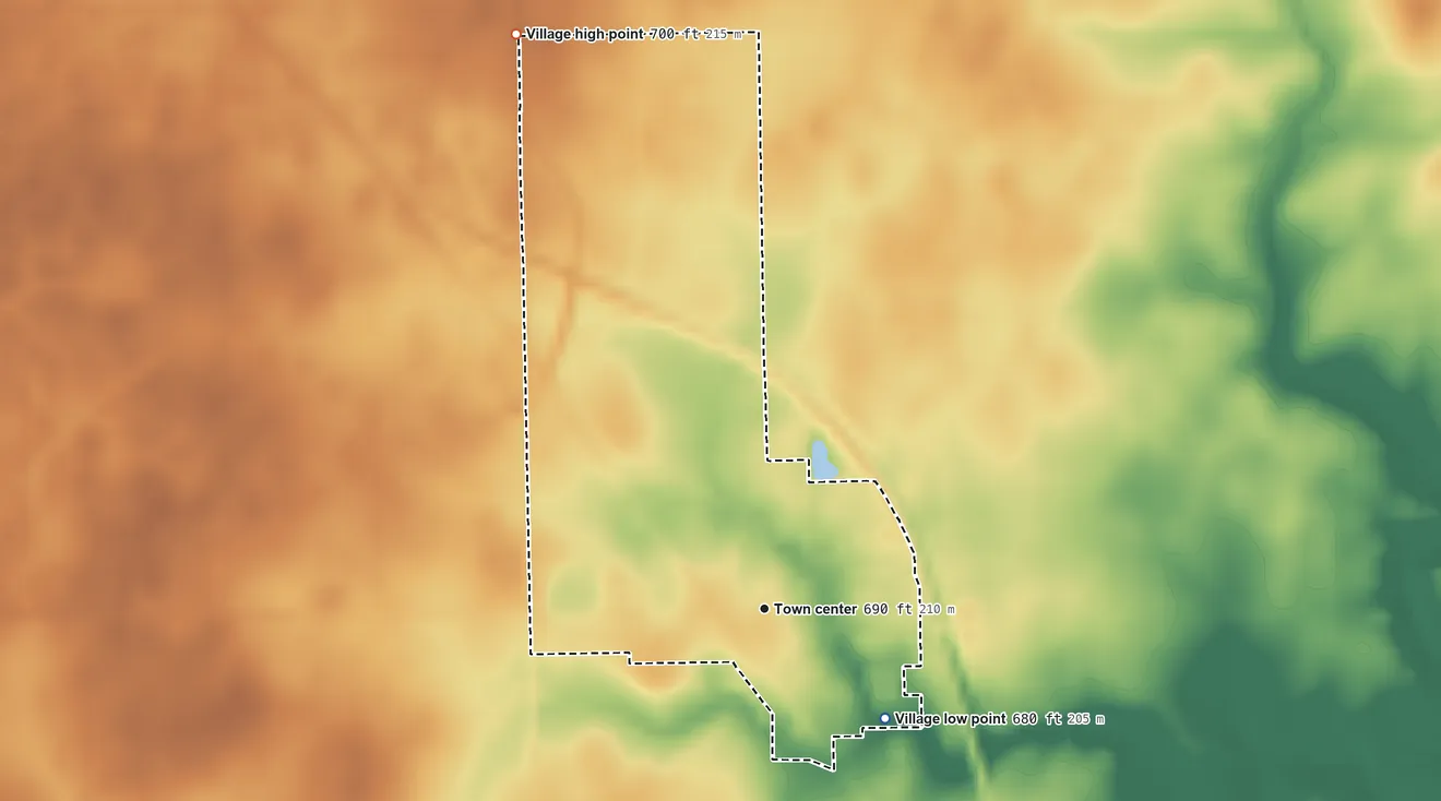 Topographic elevation map of Dalton City, Illinois, shaded from 680 ft on the southeast side to 700 ft on the northwest side