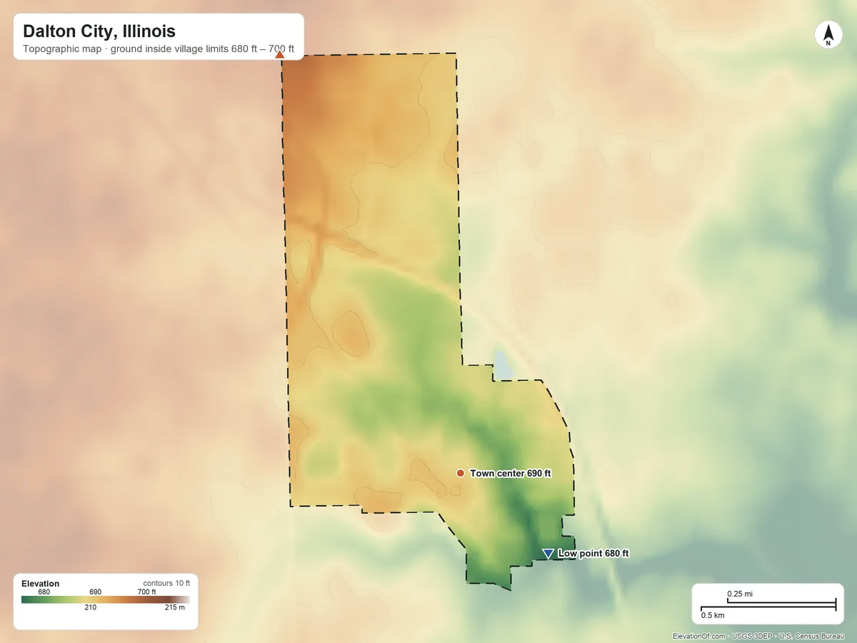 Topographic elevation map of Dalton City, Illinois, shaded from 680 ft on the southeast side to 700 ft on the northwest side