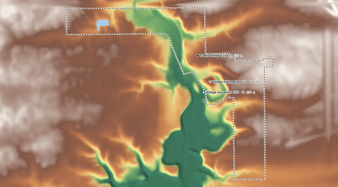Topographic elevation map of Dalzell, Illinois, shaded from 560 ft on the south side to 660 ft on the southeast side