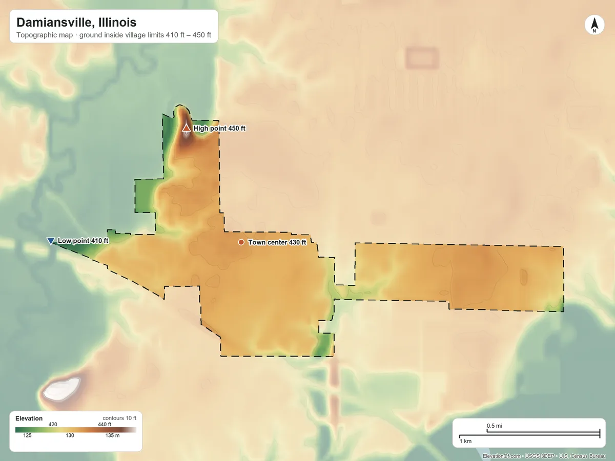 Topographic elevation map of Damiansville, Illinois, shaded from 410 ft on the west side to 450 ft on the northwest side