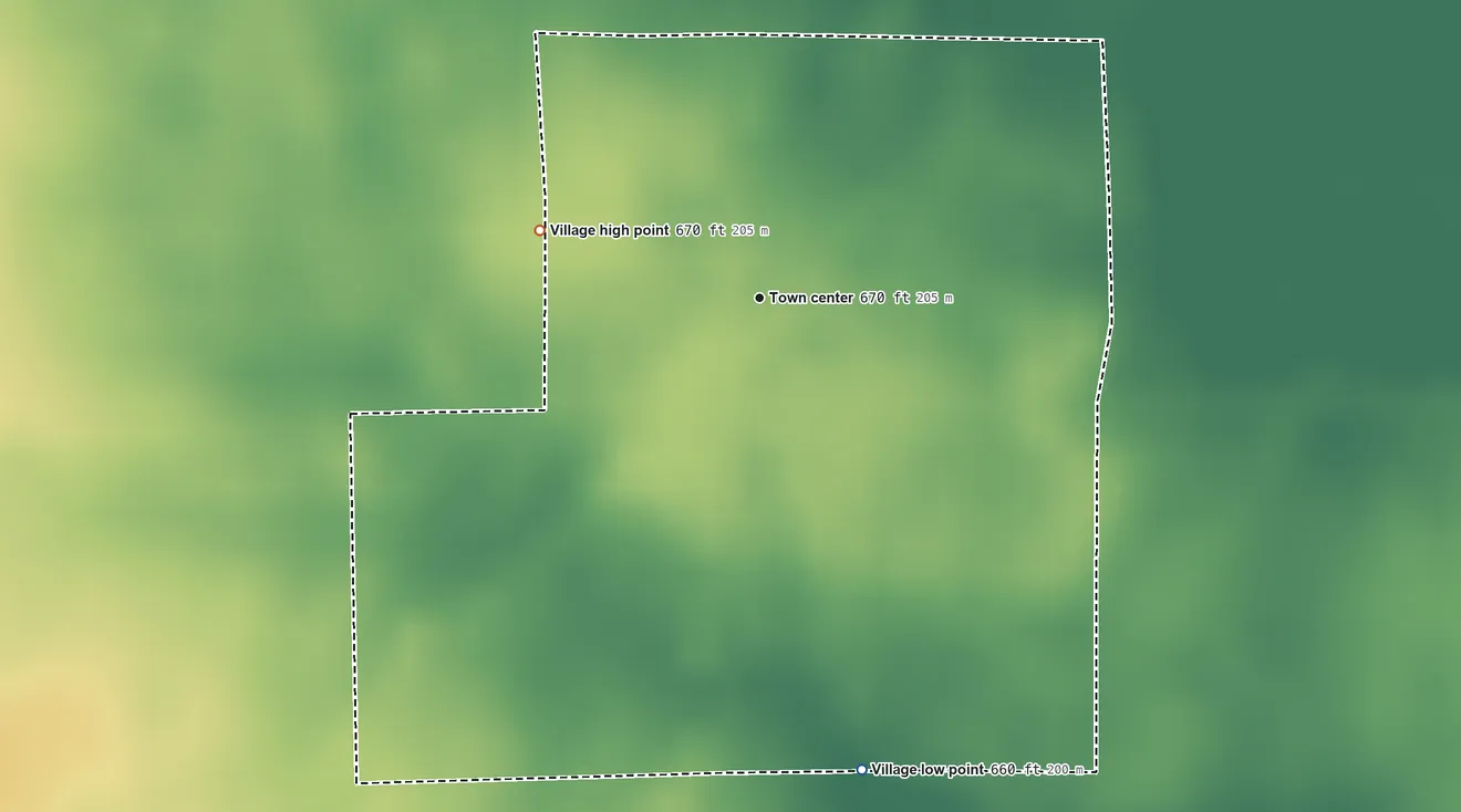 Topographic elevation map of Dana, Illinois, shaded from 660 ft on the south side to 670 ft on the west side