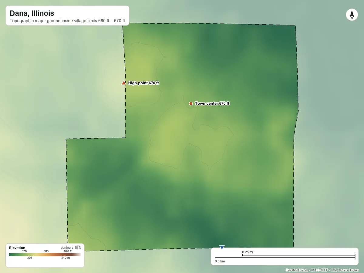 Topographic elevation map of Dana, Illinois, shaded from 660 ft on the south side to 670 ft on the west side