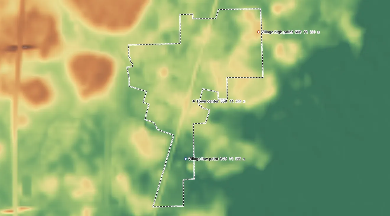 Topographic elevation map of Danforth, Illinois, shaded from 640 ft on the south side to 660 ft on the northeast side