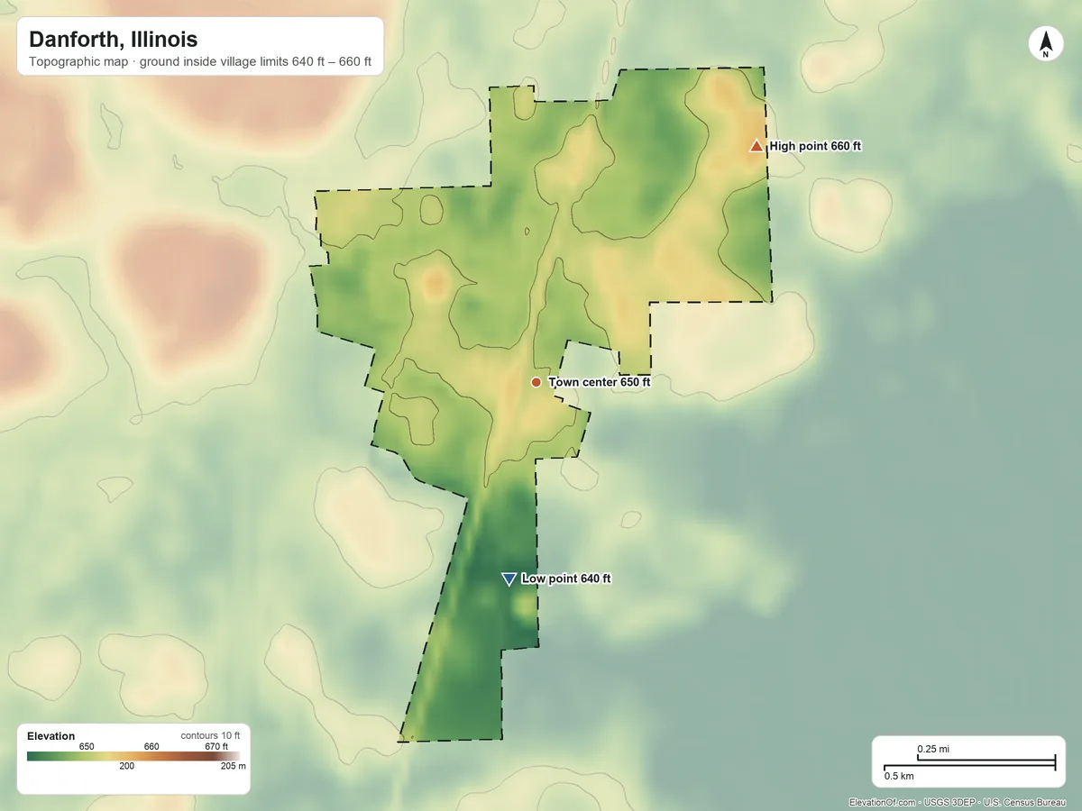 Topographic elevation map of Danforth, Illinois, shaded from 640 ft on the south side to 660 ft on the northeast side