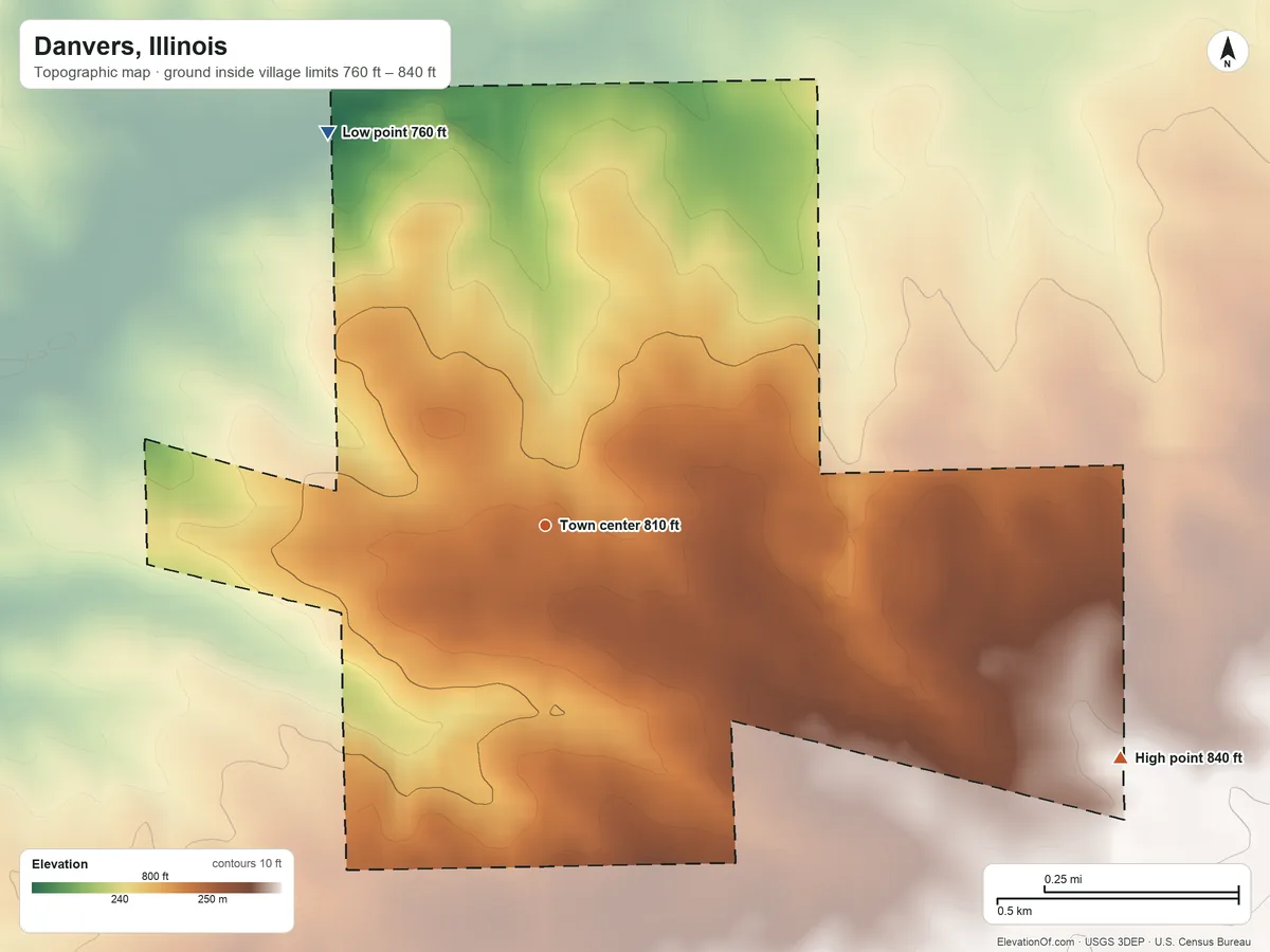 Topographic elevation map of Danvers, Illinois, shaded from 760 ft on the northwest side to 840 ft on the east side