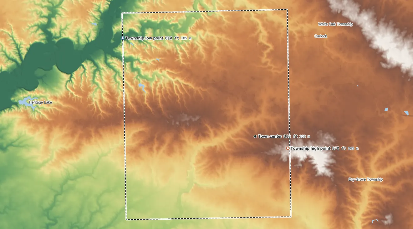 Topographic elevation map of Danvers Township, Illinois, shaded from 610 ft on the northwest side to 870 ft on the east side