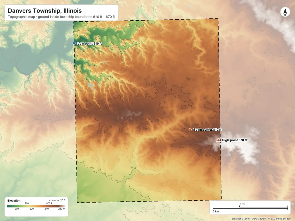Topographic elevation map of Danvers Township, Illinois, shaded from 610 ft on the northwest side to 870 ft on the east side