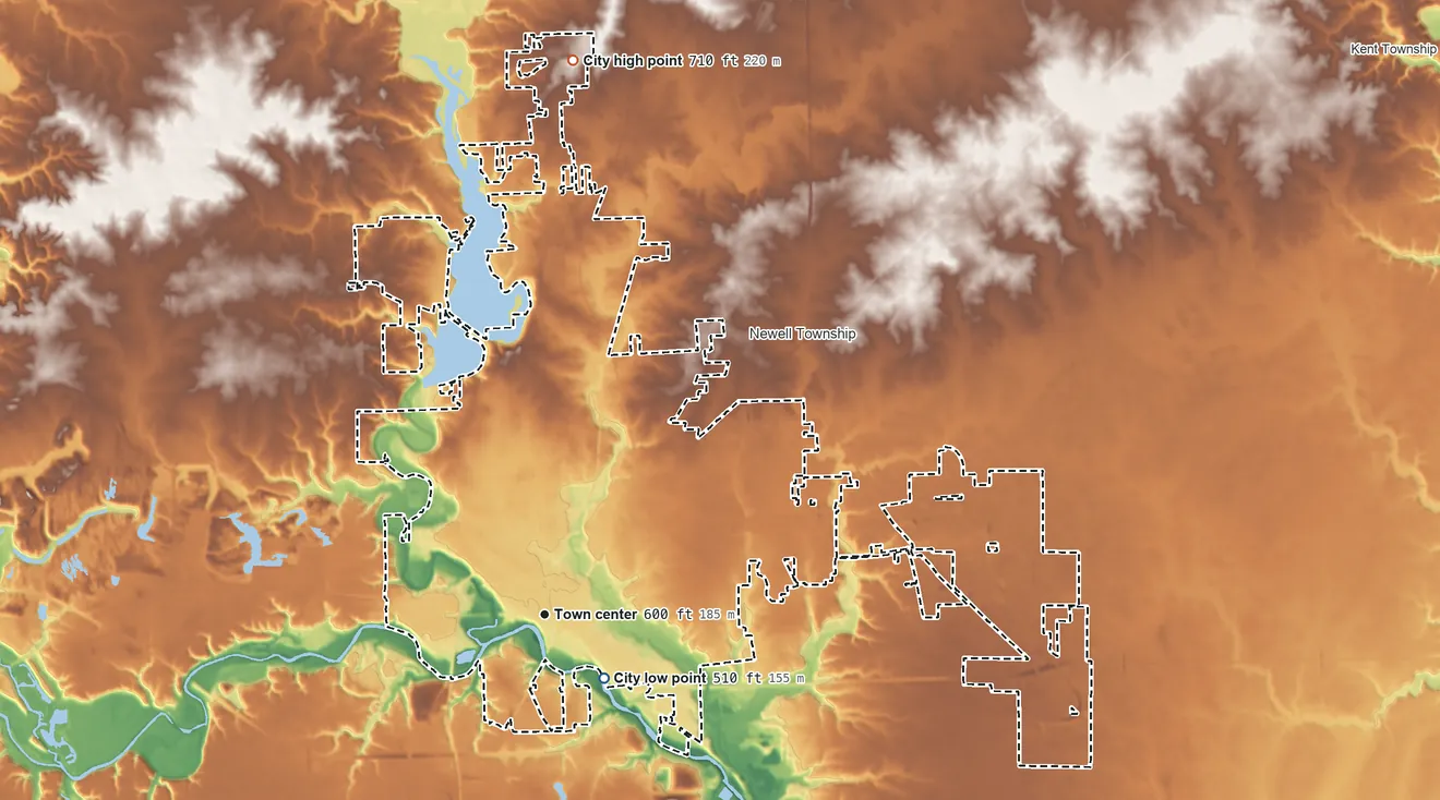 Topographic elevation map of Danville, Illinois, shaded from 510 ft near the middle to 710 ft on the north side
