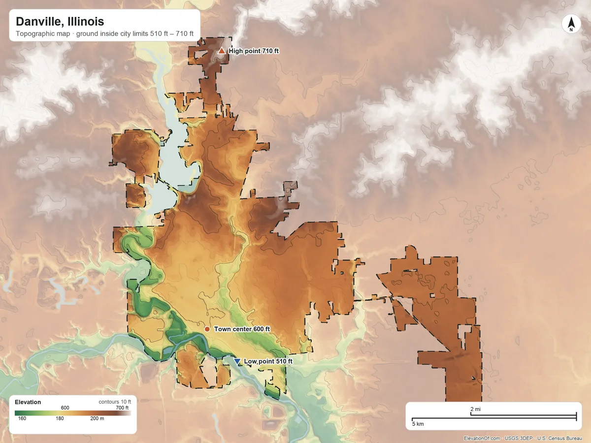 Topographic elevation map of Danville, Illinois, shaded from 510 ft near the middle to 710 ft on the north side