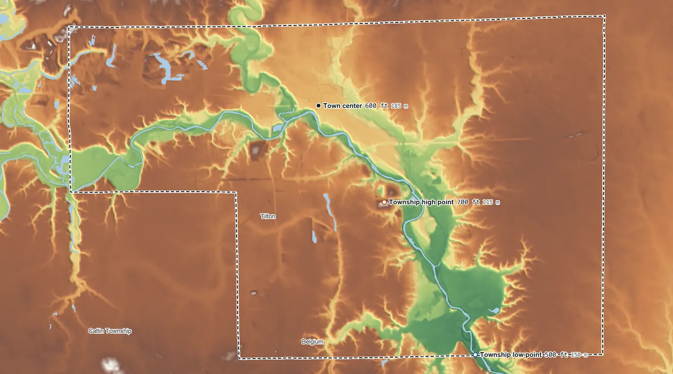 Topographic elevation map of Danville Township, Illinois, shaded from 500 ft on the southeast side to 700 ft on the southeast side