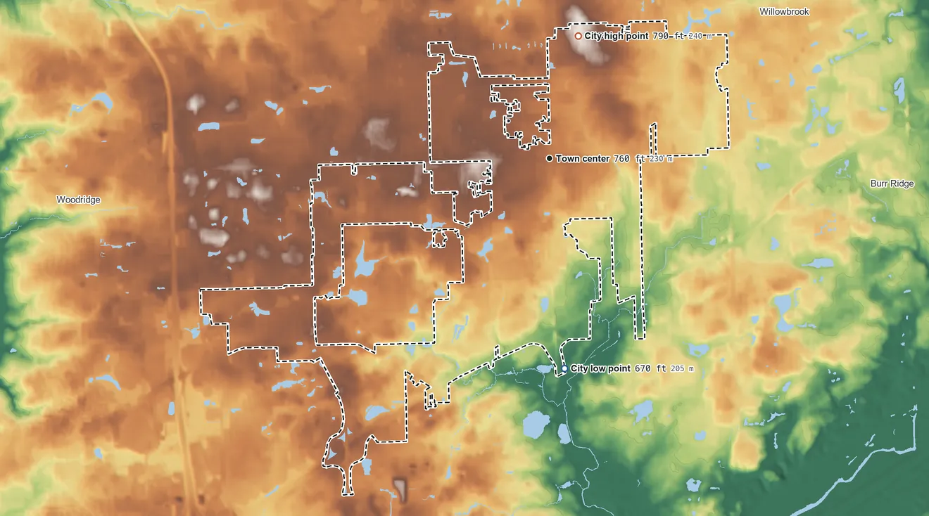 Topographic elevation map of Darien, Illinois, shaded from 670 ft on the south side to 790 ft on the north side