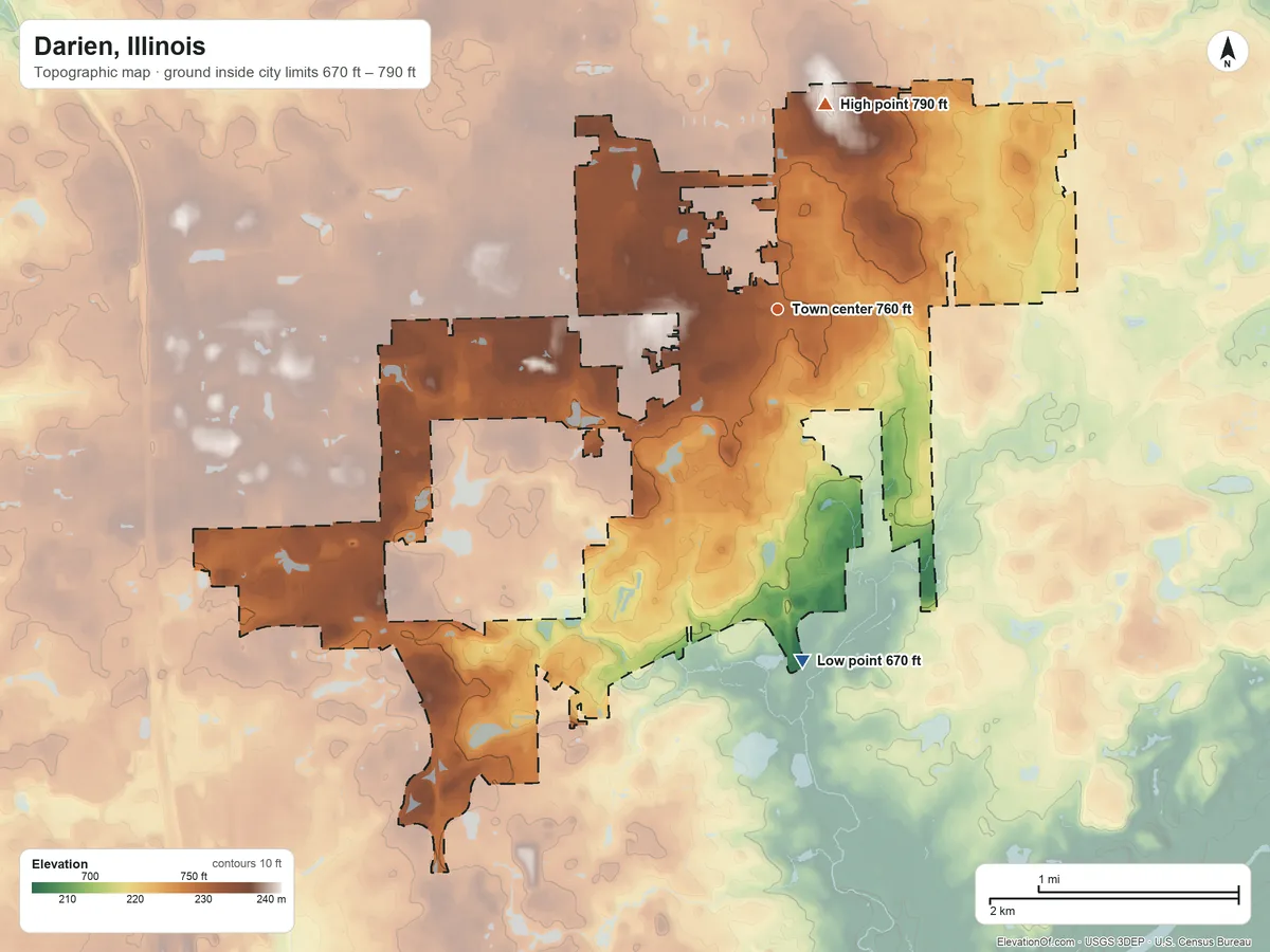 Topographic elevation map of Darien, Illinois, shaded from 670 ft on the south side to 790 ft on the north side