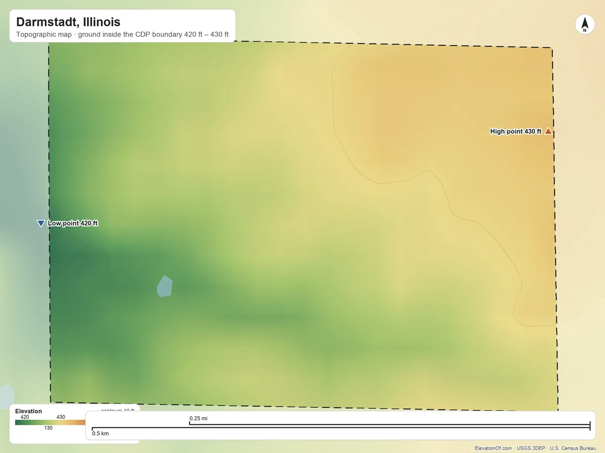Topographic elevation map of Darmstadt, Illinois, shaded from 420 ft on the west side to 430 ft on the east side