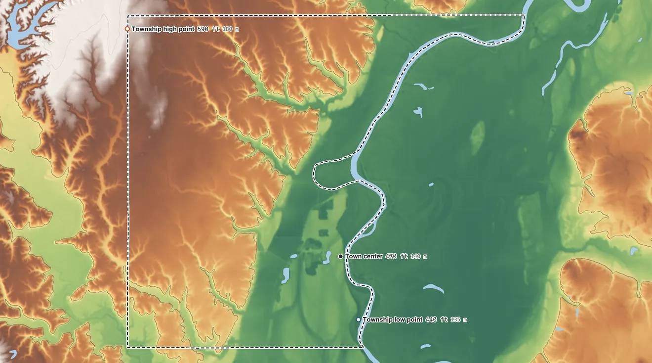 Topographic elevation map of Darwin Township, Illinois, shaded from 440 ft on the south side to 590 ft on the northwest side