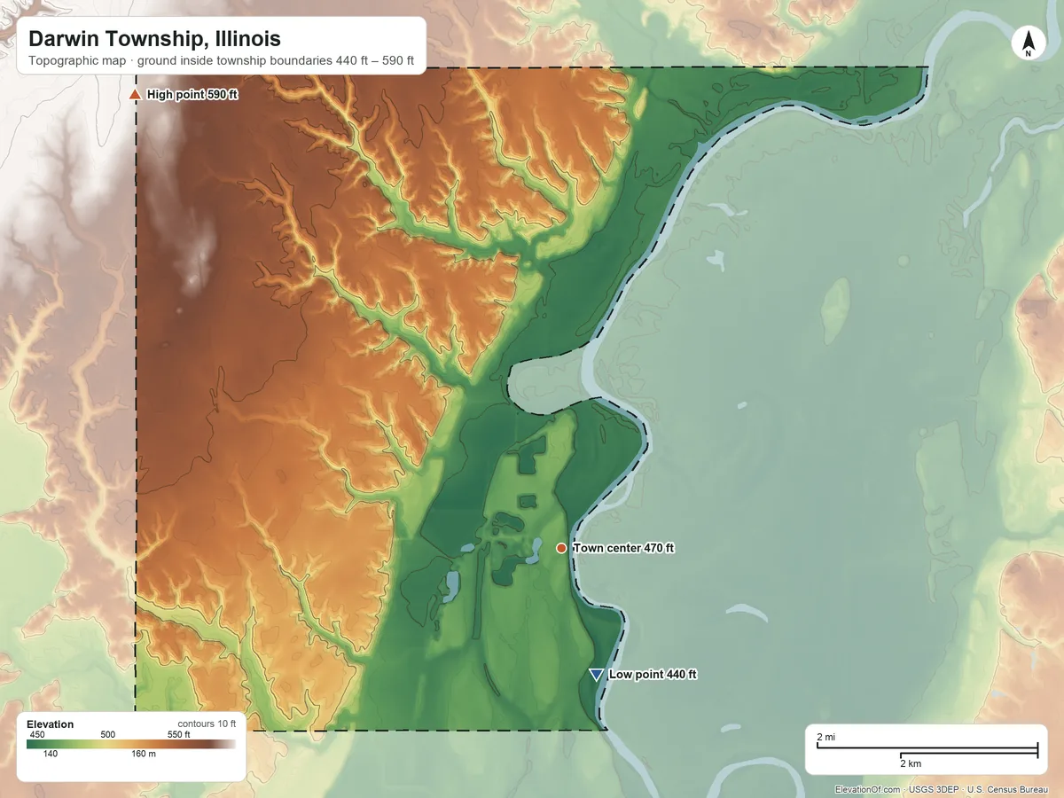Topographic elevation map of Darwin Township, Illinois, shaded from 440 ft on the south side to 590 ft on the northwest side