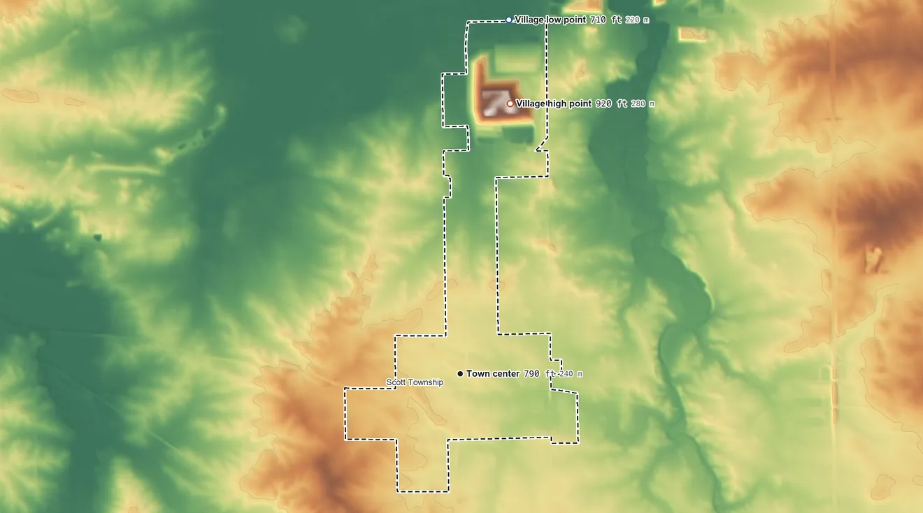 Topographic elevation map of Davis Junction, Illinois, shaded from 710 ft on the north side to 920 ft on the north side