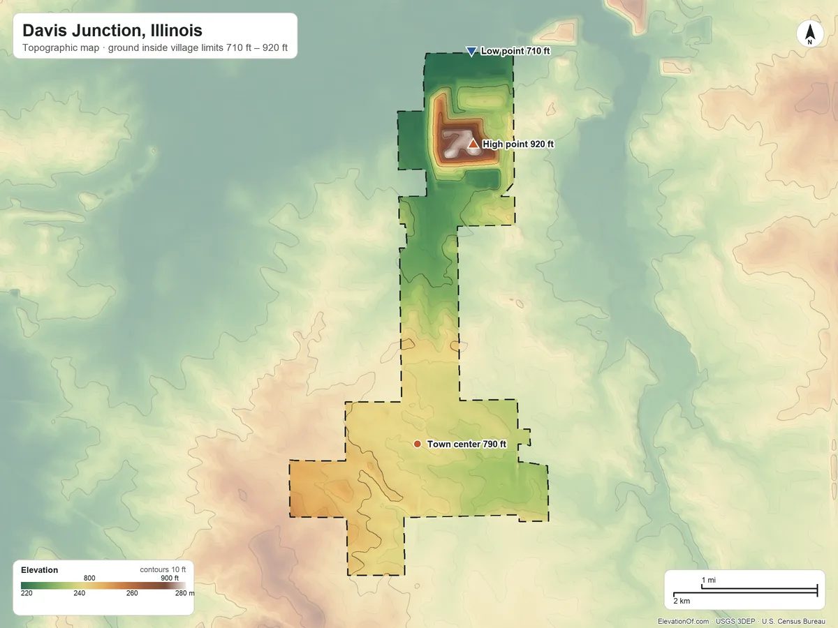 Topographic elevation map of Davis Junction, Illinois, shaded from 710 ft on the north side to 920 ft on the north side