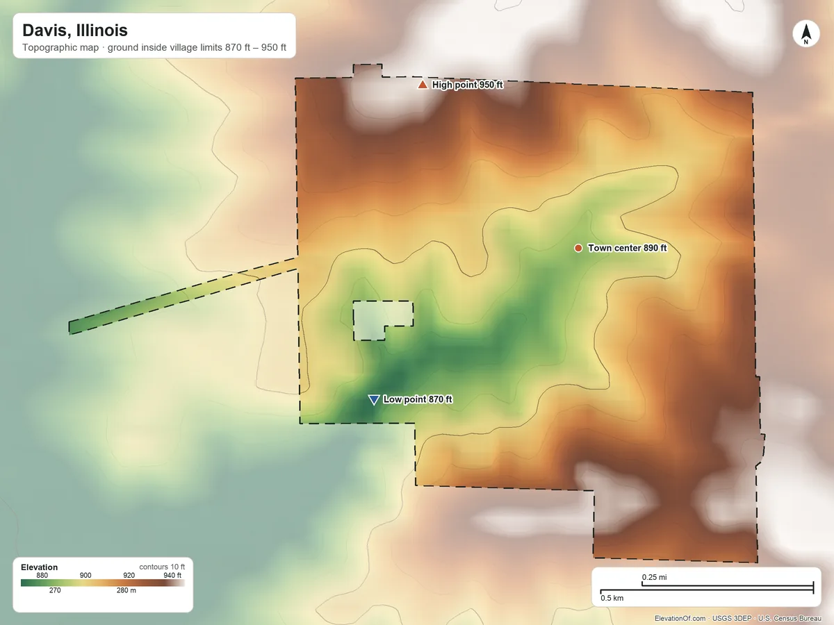 Topographic elevation map of Davis, Illinois, shaded from 870 ft on the southwest side to 950 ft on the northwest side