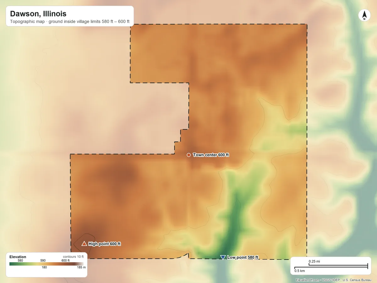 Topographic elevation map of Dawson, Illinois, shaded from 580 ft on the south side to 600 ft on the southwest side