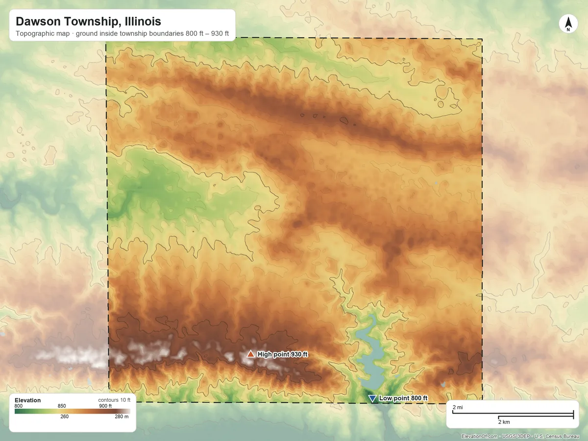 Topographic elevation map of Dawson Township, Illinois, shaded from 800 ft on the south side to 930 ft on the southwest side