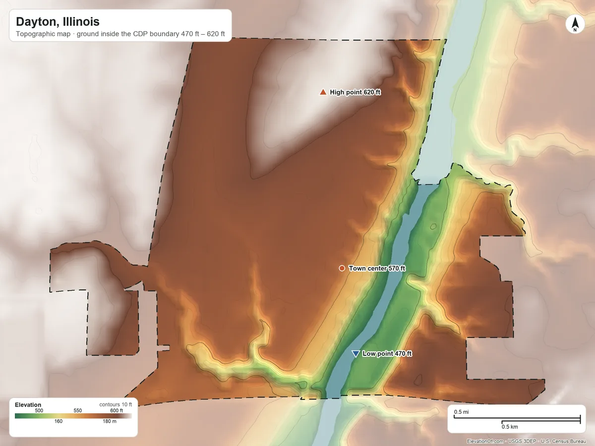 Topographic elevation map of Dayton, Illinois, shaded from 470 ft on the south side to 620 ft on the north side