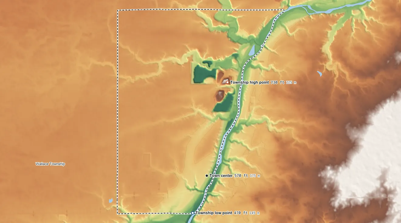 Topographic elevation map of Dayton Township, Illinois, shaded from 470 ft on the south side to 730 ft on the north side