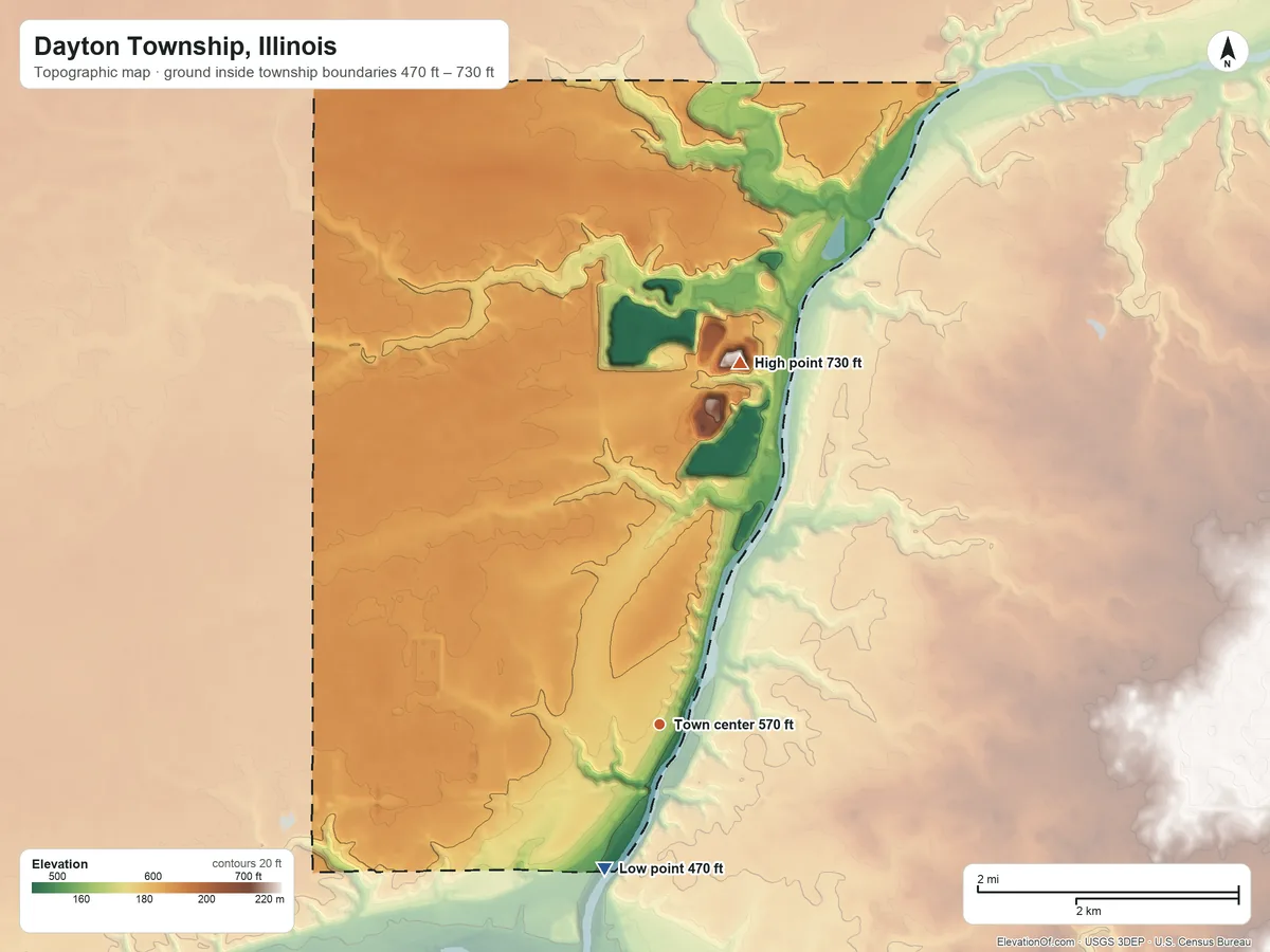 Topographic elevation map of Dayton Township, Illinois, shaded from 470 ft on the south side to 730 ft on the north side