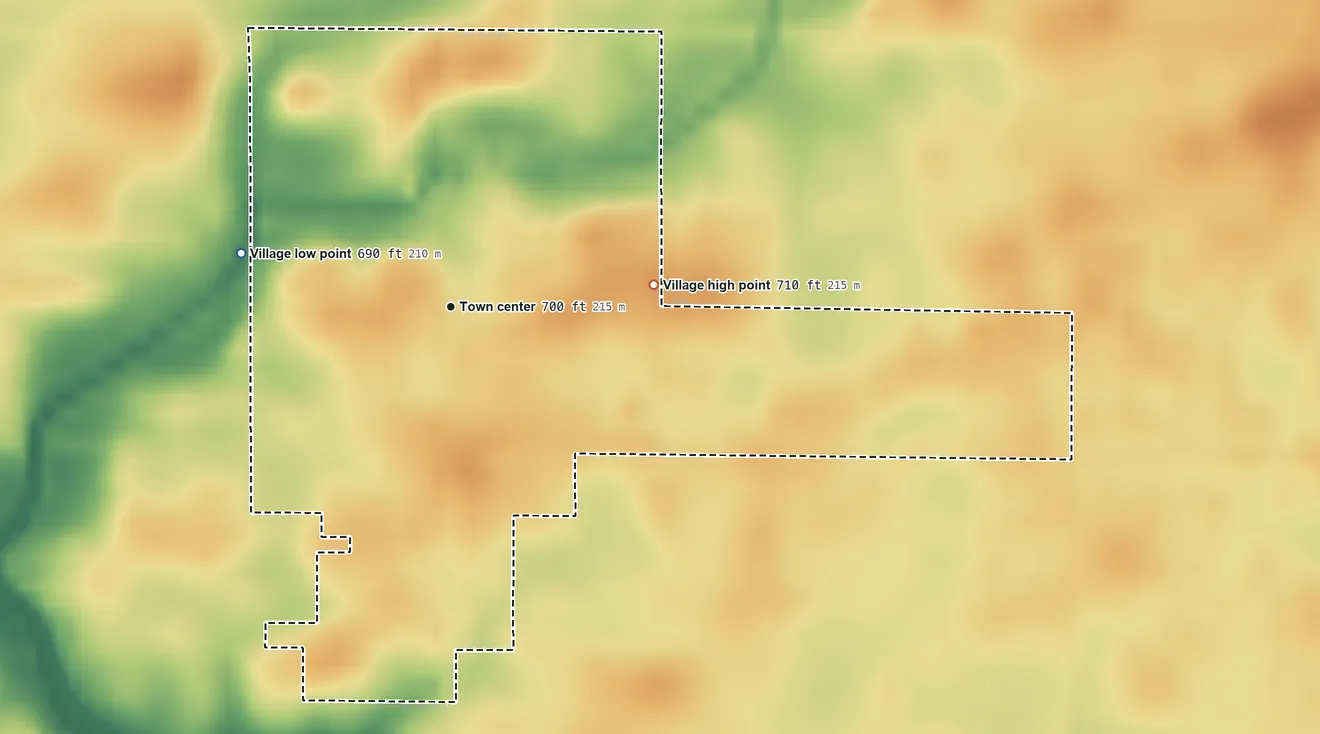 Topographic elevation map of De Land, Illinois, shaded from 690 ft on the west side to 710 ft on the east side