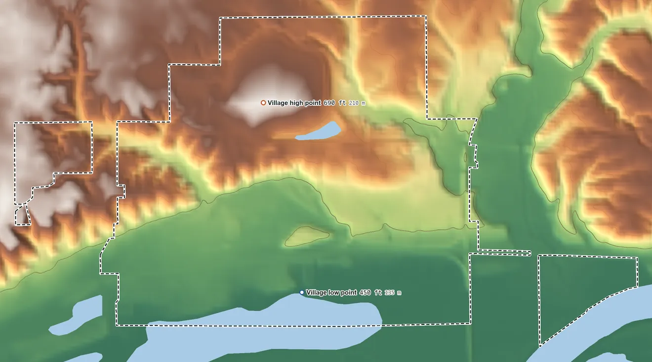 Topographic elevation map of De Pue, Illinois, shaded from 450 ft near the middle to 690 ft on the north side