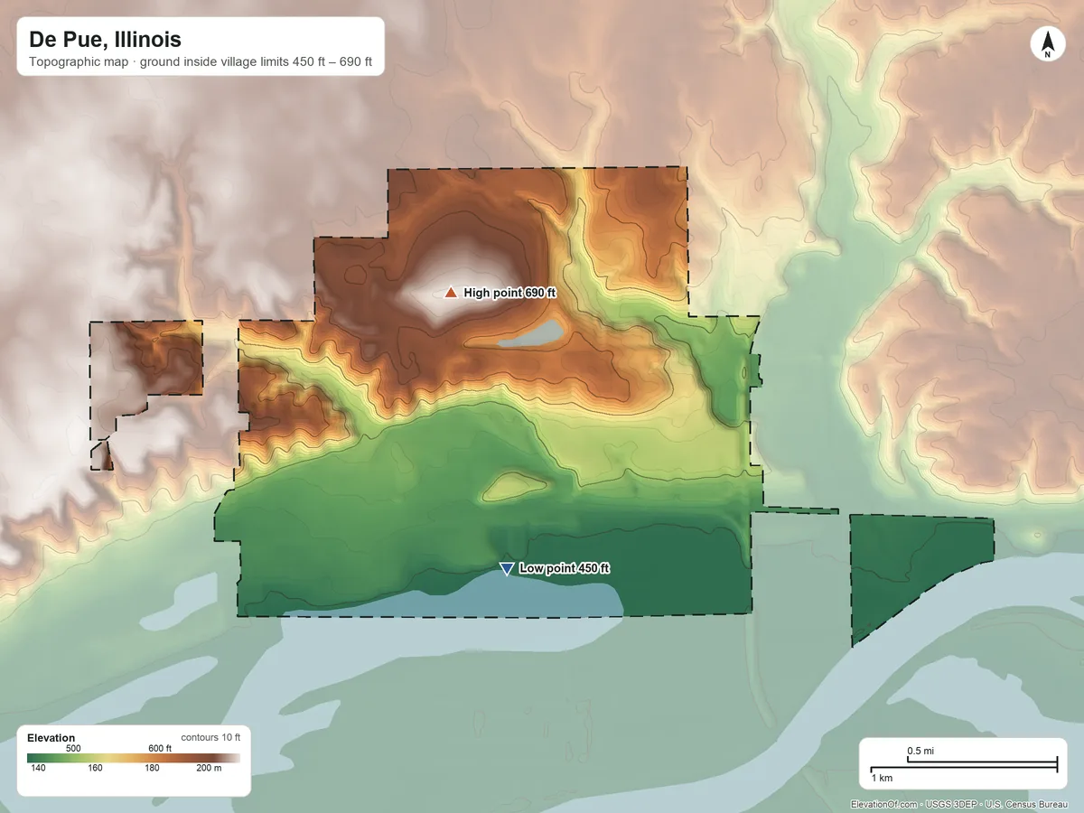 Topographic elevation map of De Pue, Illinois, shaded from 450 ft near the middle to 690 ft on the north side
