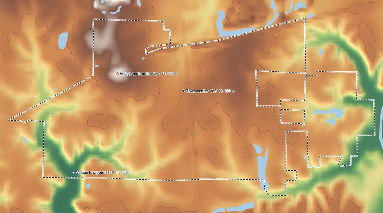 Topographic elevation map of De Soto, Illinois, shaded from 360 ft on the southwest side to 420 ft on the west side