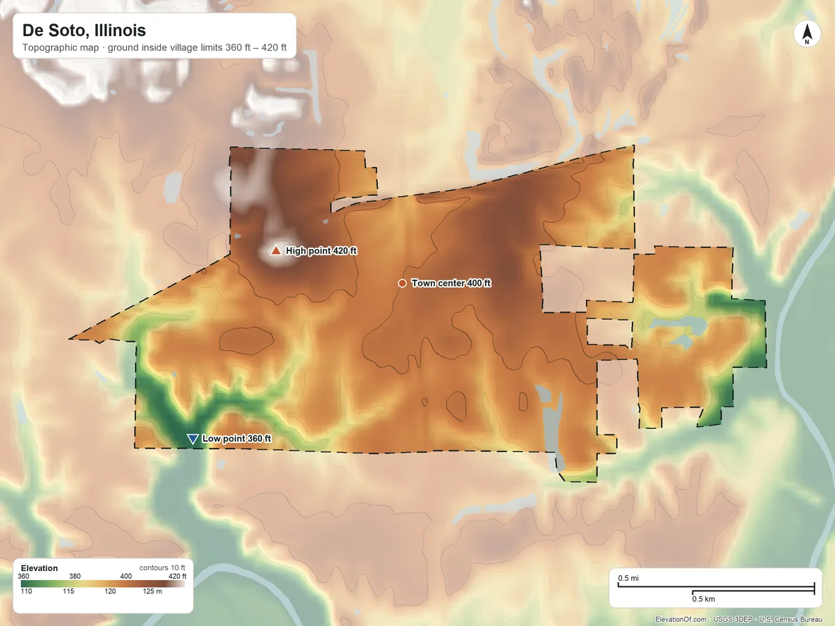 Topographic elevation map of De Soto, Illinois, shaded from 360 ft on the southwest side to 420 ft on the west side