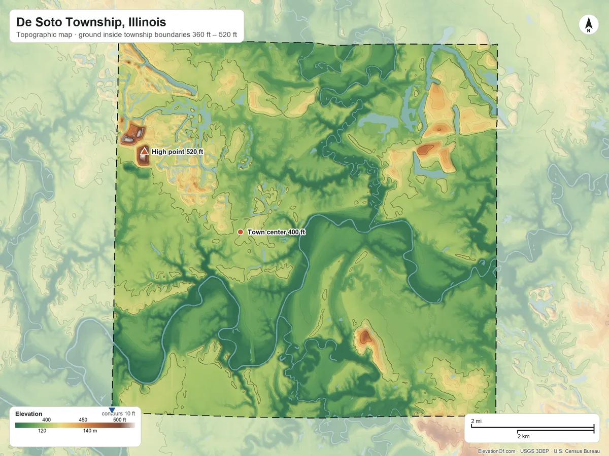Topographic elevation map of De Soto Township, Illinois, shaded from 360 ft on the southwest side to 520 ft on the northwest side