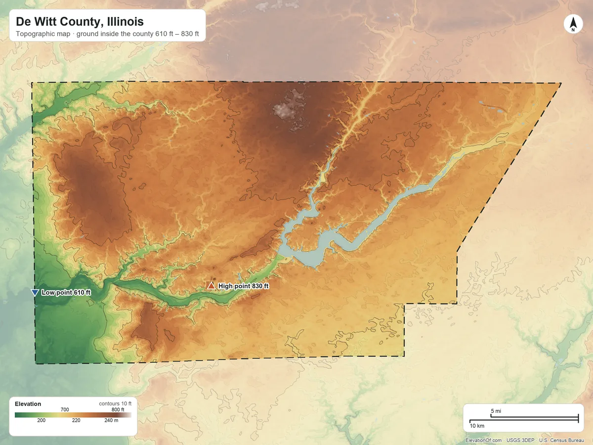 Topographic elevation map of De Witt County, Illinois, shaded from 610 ft on the west side to 830 ft on the southwest side