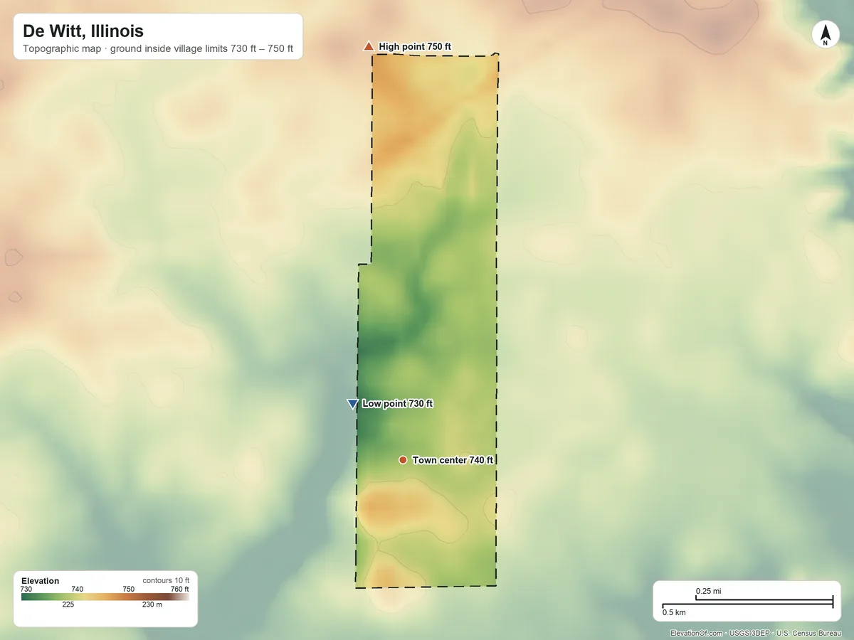 Topographic elevation map of De Witt, Illinois, shaded from 730 ft on the northwest side to 750 ft on the north side