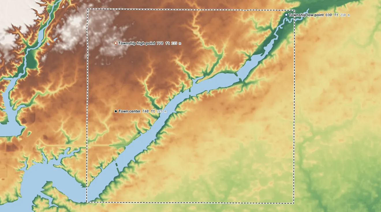 Topographic elevation map of De Witt Township, Illinois, shaded from 690 ft on the northeast side to 770 ft on the north side