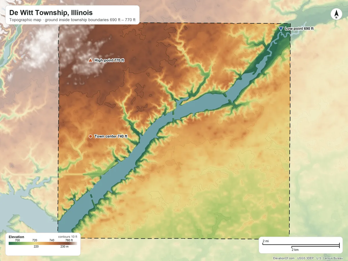 Topographic elevation map of De Witt Township, Illinois, shaded from 690 ft on the northeast side to 770 ft on the north side