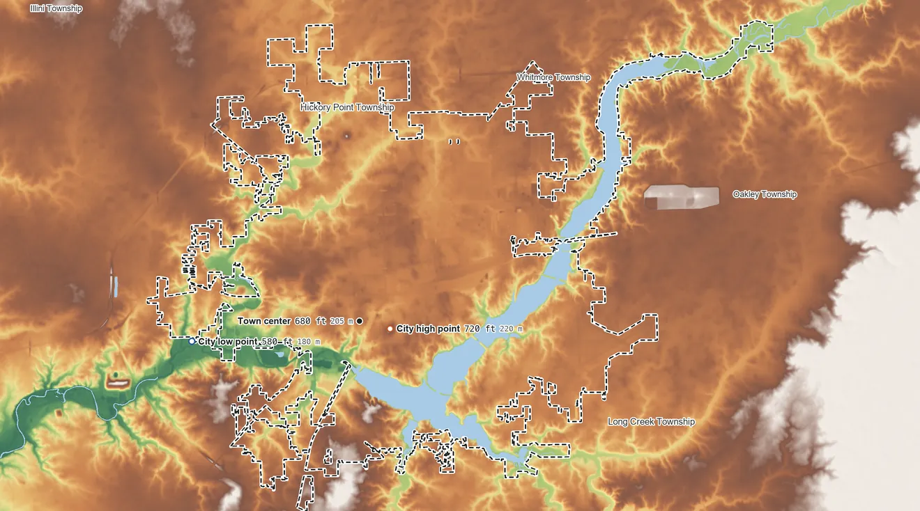Topographic elevation map of Decatur, Illinois, shaded from 580 ft on the west side to 720 ft near the middle