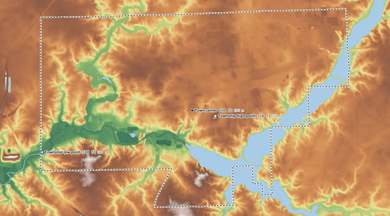Topographic elevation map of Decatur Township, Illinois, shaded from 580 ft on the west side to 720 ft near the middle