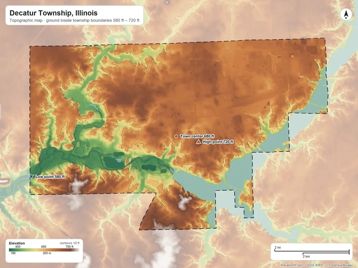 Topographic elevation map of Decatur Township, Illinois, shaded from 580 ft on the west side to 720 ft near the middle