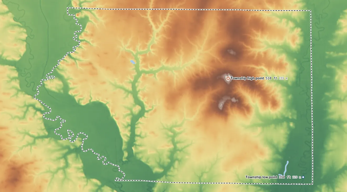 Topographic elevation map of Decker Township, Illinois, shaded from 390 ft on the southeast side to 510 ft on the east side