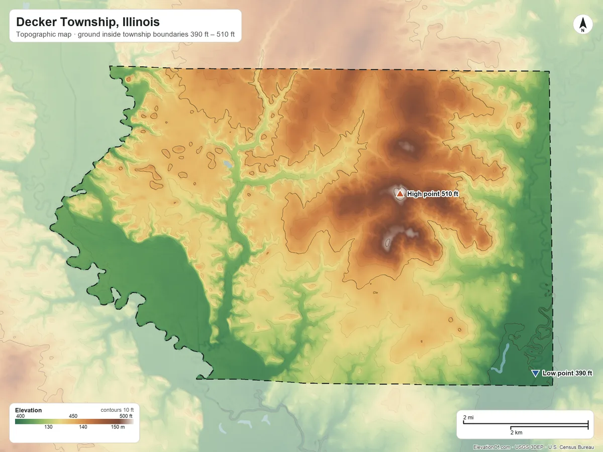 Topographic elevation map of Decker Township, Illinois, shaded from 390 ft on the southeast side to 510 ft on the east side