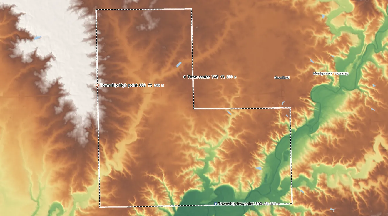Topographic elevation map of Deer Creek Township, Illinois, shaded from 590 ft on the south side to 800 ft on the west side