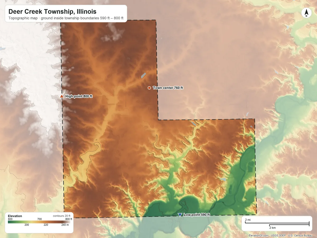 Topographic elevation map of Deer Creek Township, Illinois, shaded from 590 ft on the south side to 800 ft on the west side