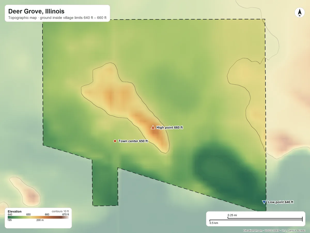 Topographic elevation map of Deer Grove, Illinois, shaded from 640 ft on the east side to 660 ft on the east side