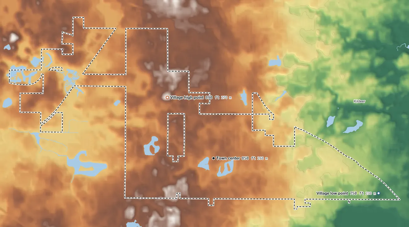 Topographic elevation map of Deer Park, Illinois, shaded from 750 ft on the east side to 890 ft on the northwest side