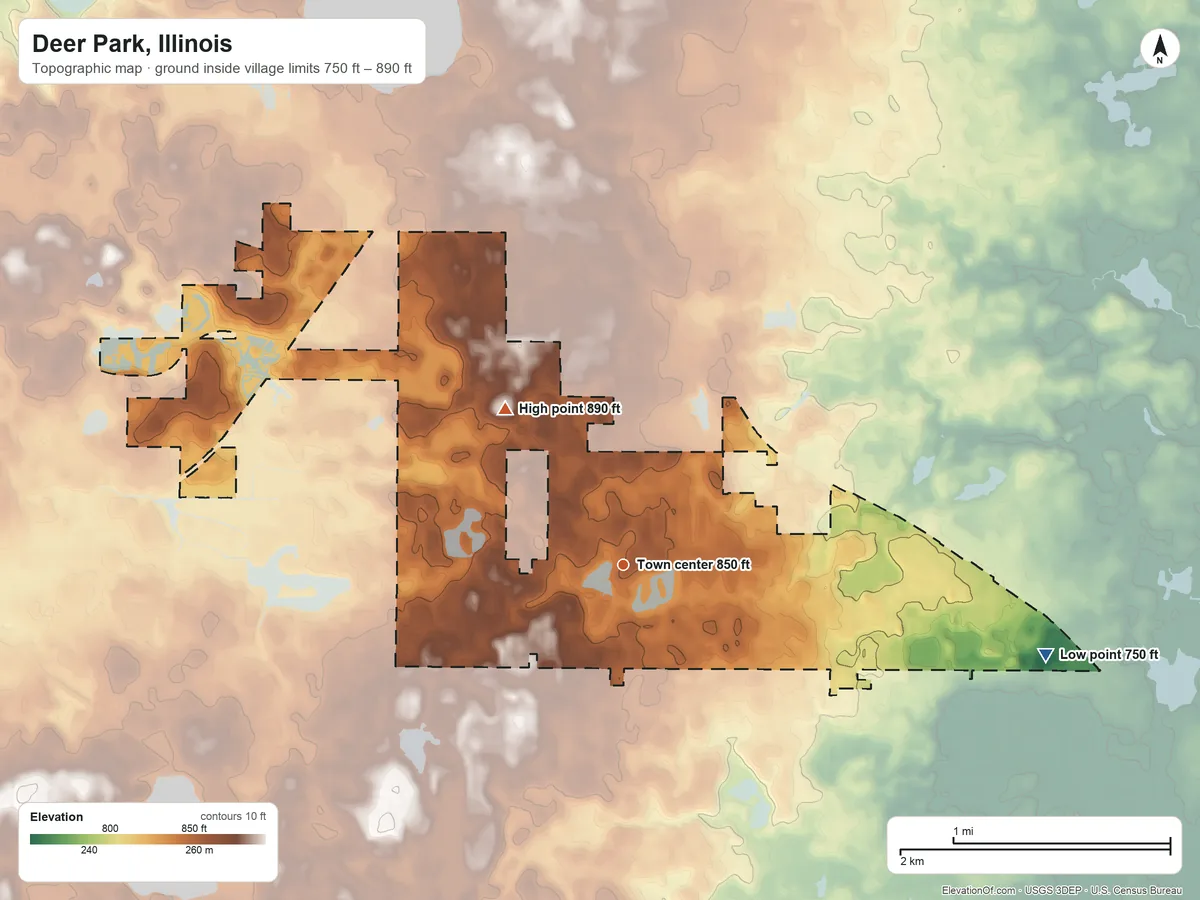 Topographic elevation map of Deer Park, Illinois, shaded from 750 ft on the east side to 890 ft on the northwest side